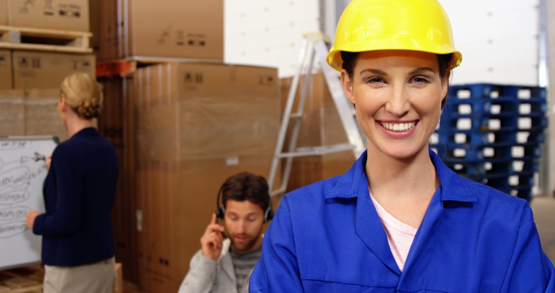 Smiling Female Warehouse Worker Wearing Yellow Hard Hat and Blue Uniform - Free Images, Stock Photos and Pictures on Pikwizard.com