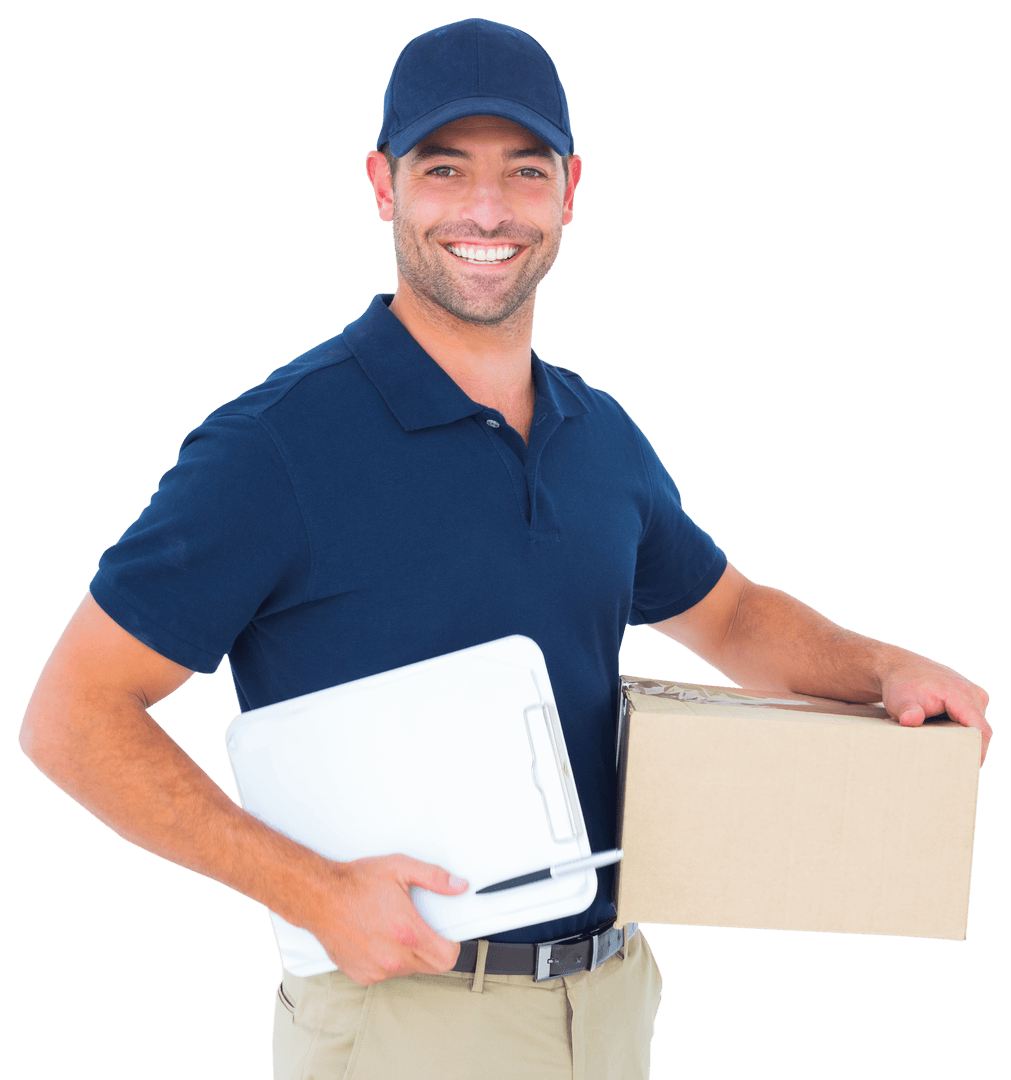 Smiling Delivery Driver with Clipboard and Box Transparent Background