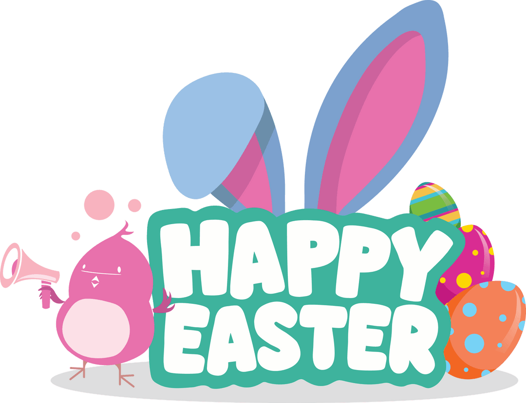 Cute Easter Text with Bunny Ears and Chicken on Transparent Background