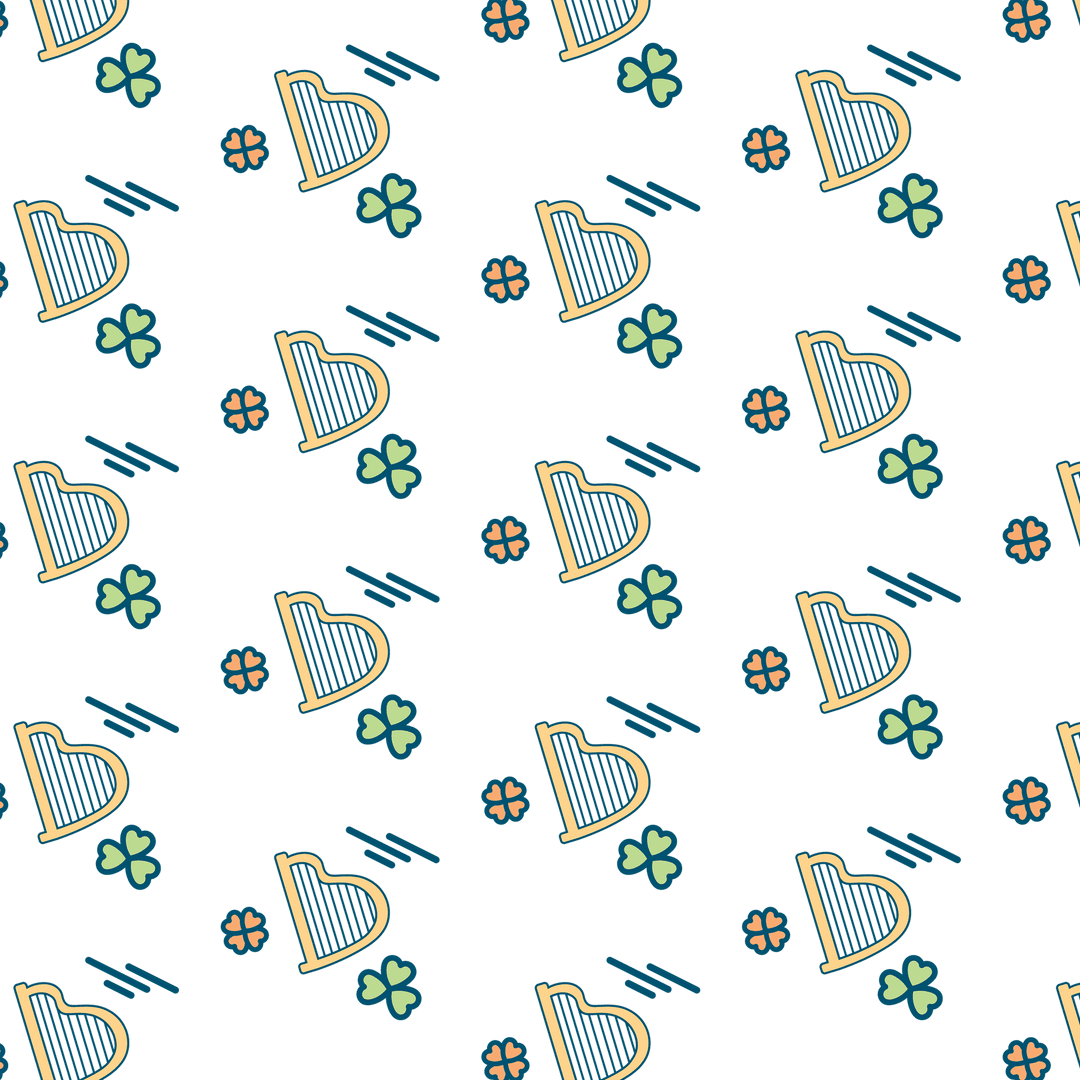 Colorful Pattern of Birds and Clovers on Transparent Background