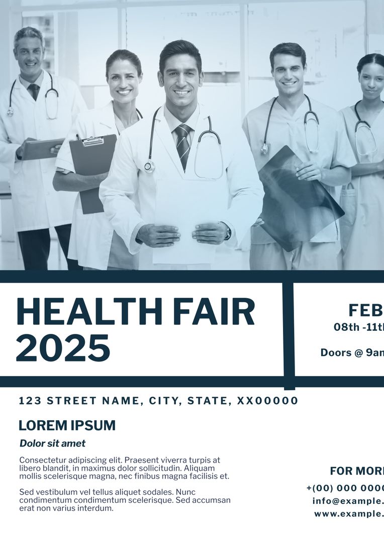 Health Fair 2025 Flyer Template with Smiling Medical Professionals - Download Free Stock Templates Pikwizard.com