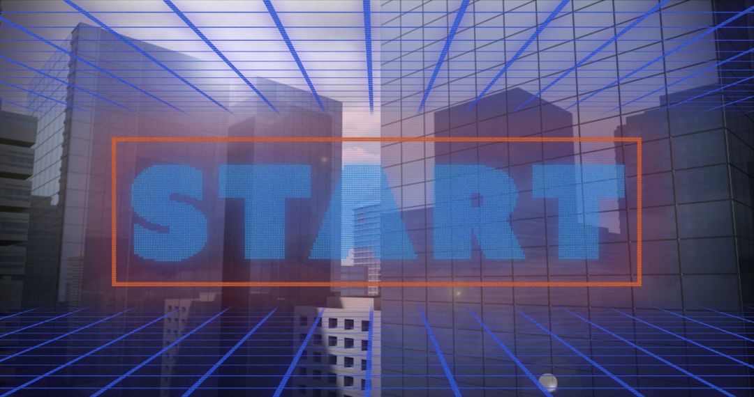 Futuristic Digital Metaverse Grid with Skyscrapers and Start Overlay