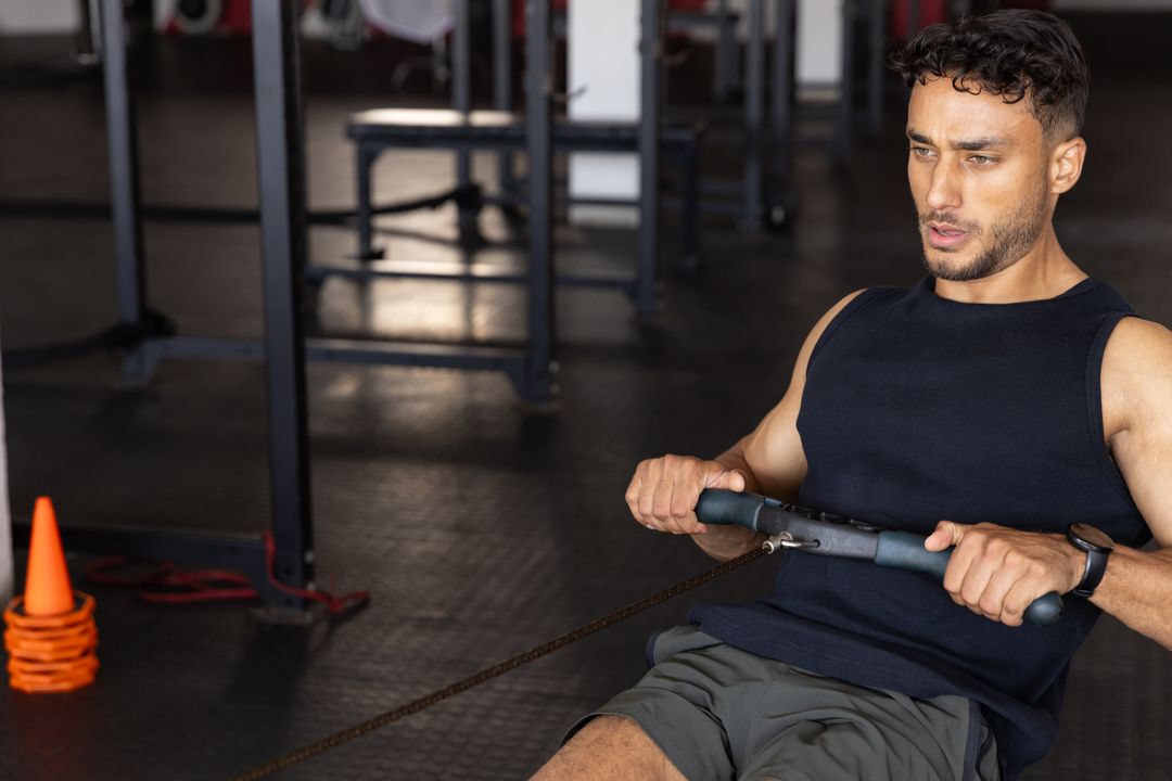 Athletic Man Utilizing Cable Row Machine for Intense Workout