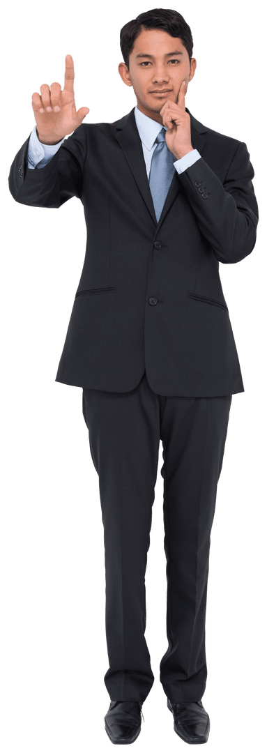 Biracial Businessman Engaging With Virtual Screen on Transparent Background