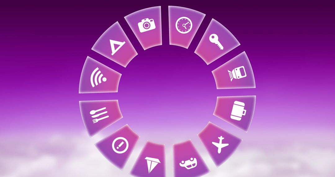 Digital Travel Interface with Rotating Icons on Gradient Pink Background