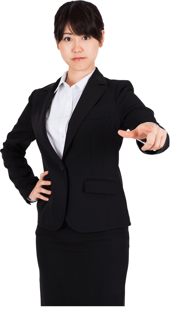Confident Businesswoman in Suit Pointing with Determination on Transparent Background