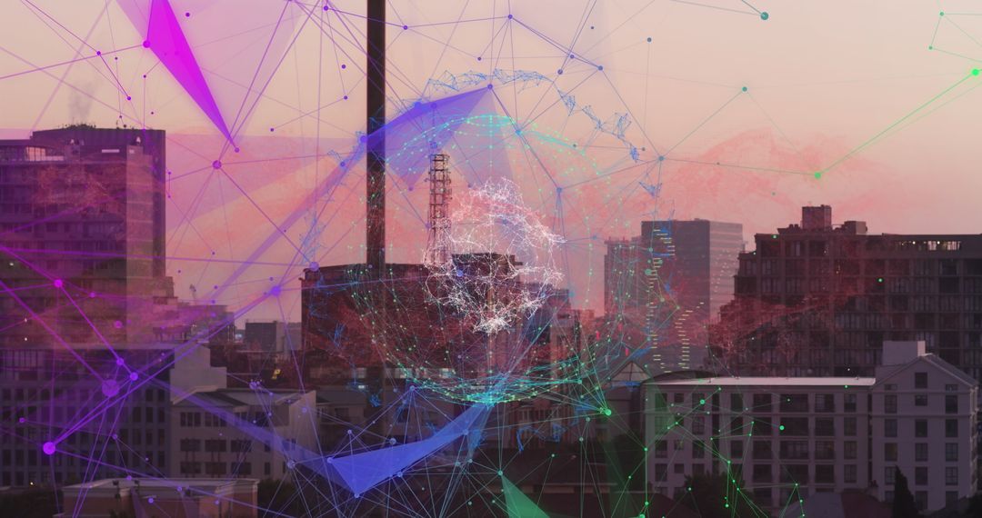 Futuristic Digital Network Over City Skyline at Twilight