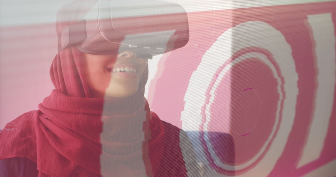 Woman in Hijab Immersed in Futuristic Virtual Reality Experience