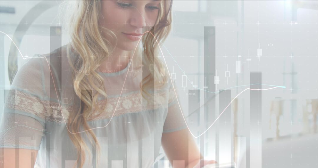 Businesswoman Analyzing Data on Smartphone with Overlaid Graphs
