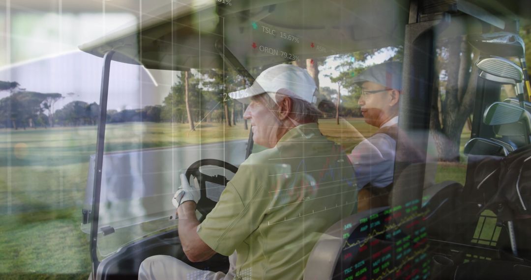Golfing Partners Driving Cart on Fairway with Stock Market Overlay