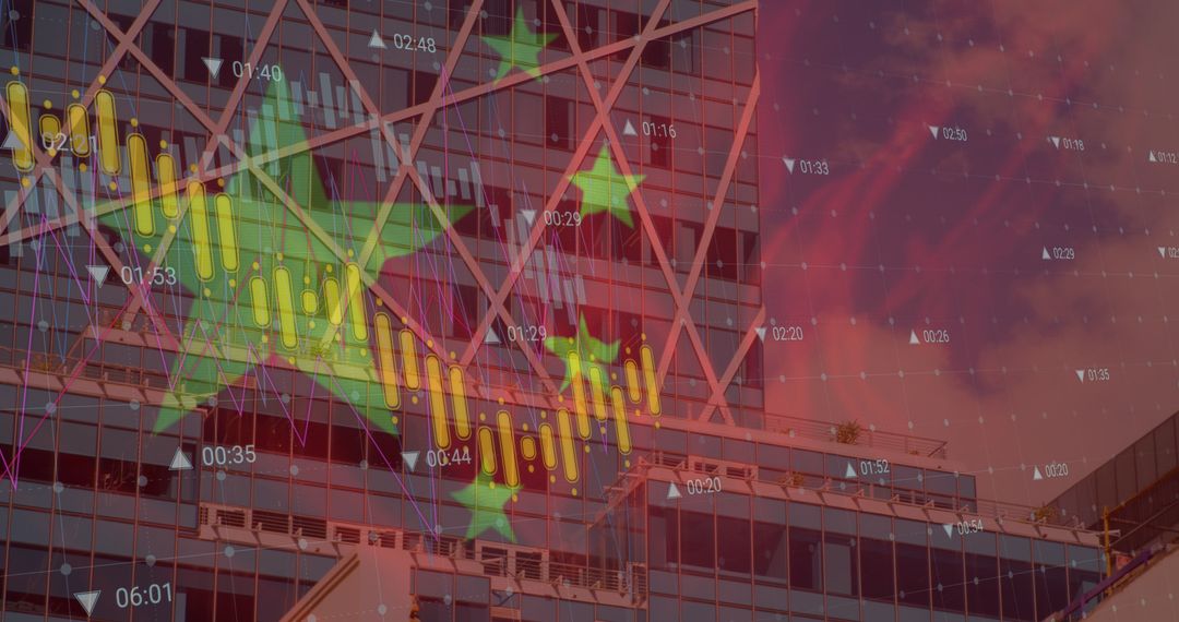 China Flag and Data Processing Overlay on Urban Skyline