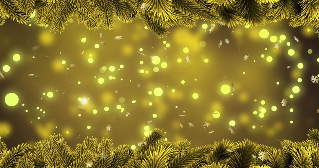 Festive Christmas Tree Branches with Falling Snow and Yellow Lights