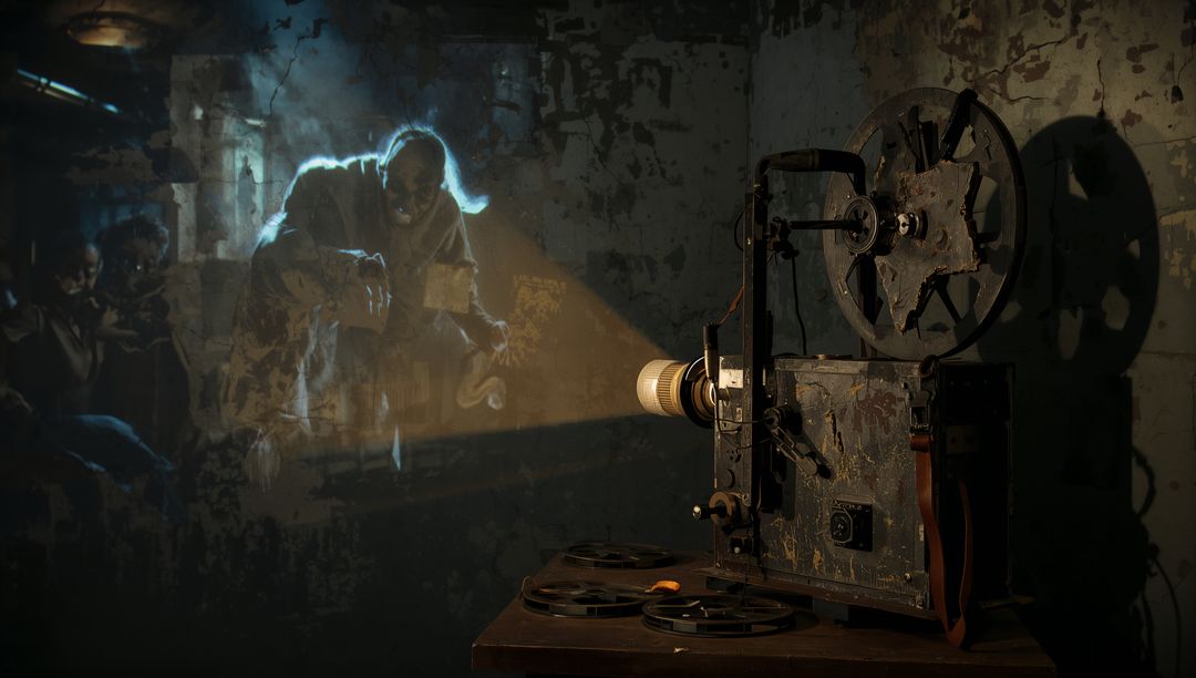 Antique Film Projector Casting Nostalgic Scene in Dusty Basement