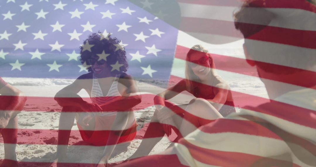 Group of Friends Enjoying Beach Day with American Flag Overlay