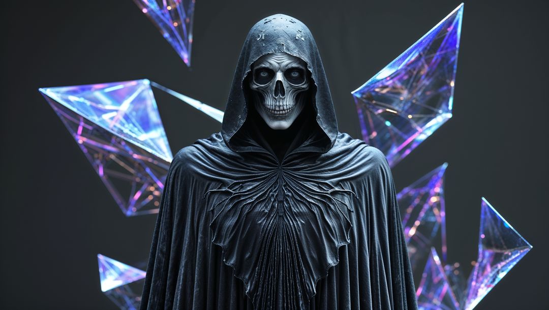 Skeletal grim reaper figure in floating prismatic surroundings