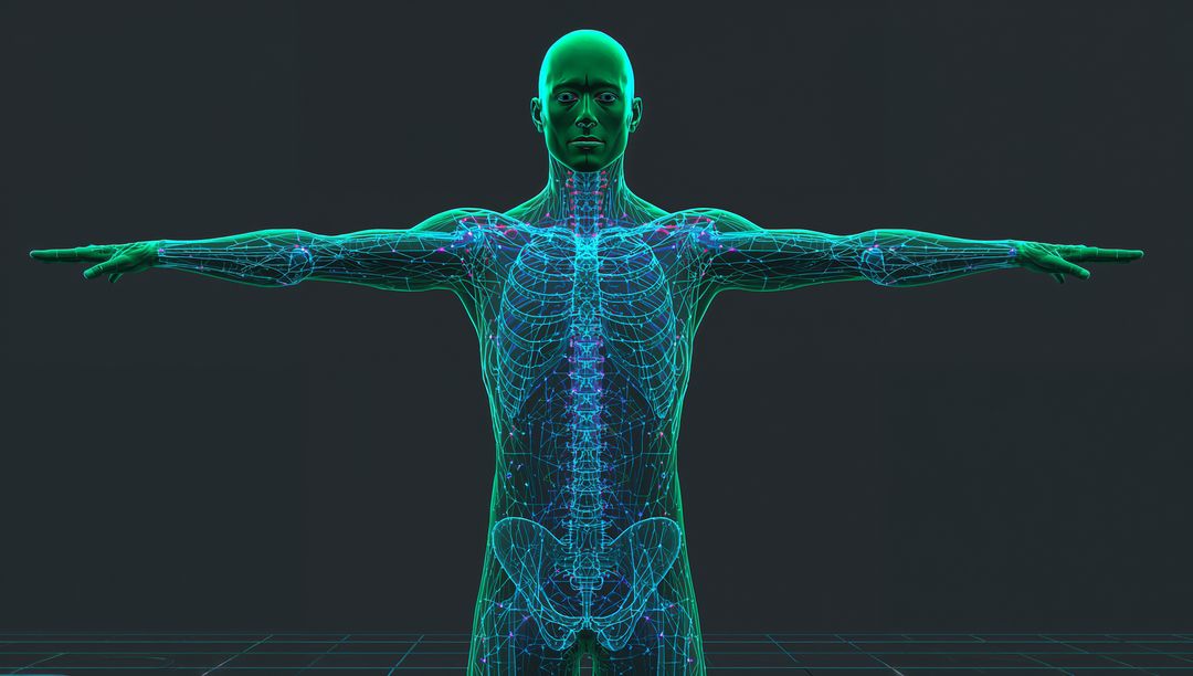 Digital Human Model with Neon Mesh in T-Pose Illustrating Skeletal Framework