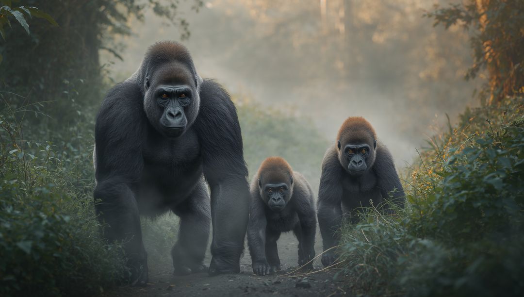 Misty Forest Trio of Gorillas Walking Narrow Trail at Dawn