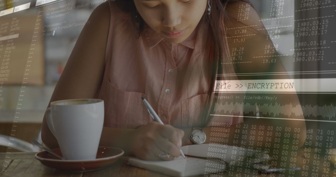 Woman Making Notes with Data Overlay in Cozy Cafe Setting