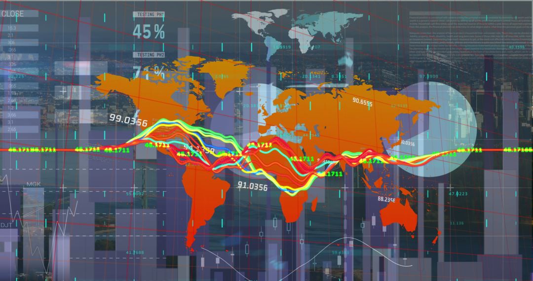 Global Business Data Analytics with Futuristic World Map Overlay