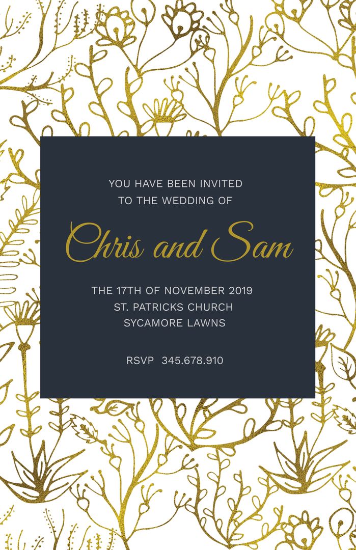 Elegant Gold Botanical Wedding Invitation with Black Text Box - Download Free Stock Templates Pikwizard.com