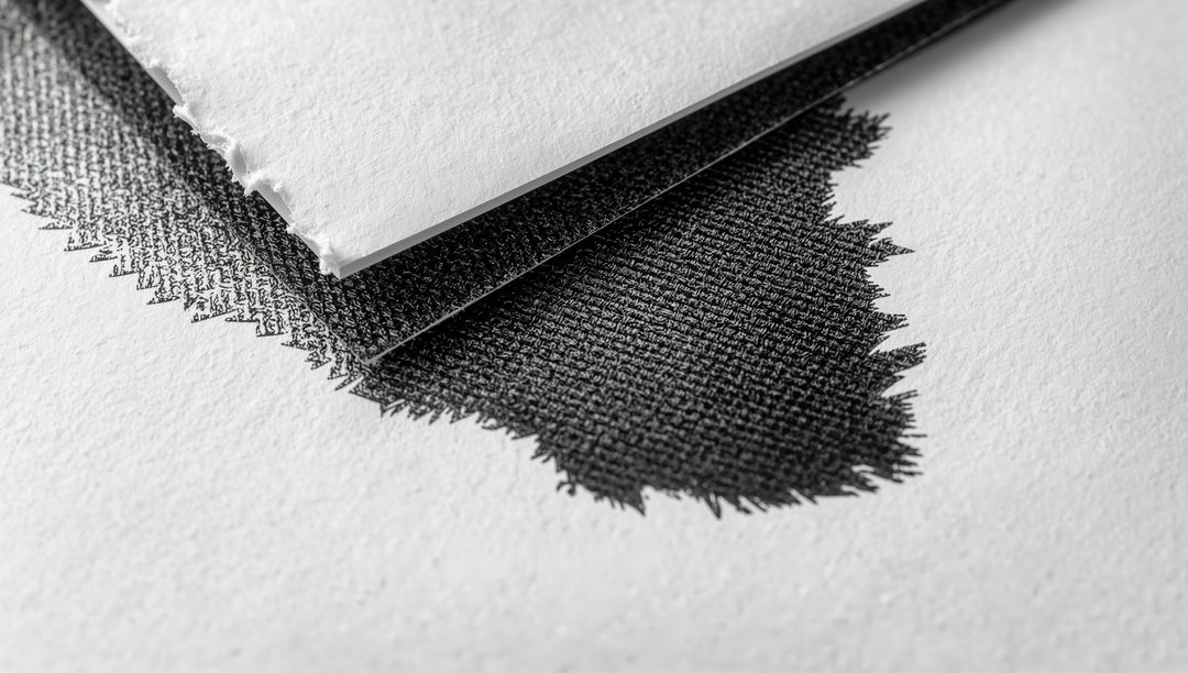 Displaying overlapping deckled papers with black crosshatch ink texture, print still life