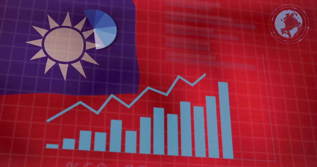 Taiwan Flag with Digital Charts and Data Analysis Overlay