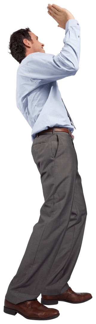 Transparent Businessman Raising Hands in Formal Attire