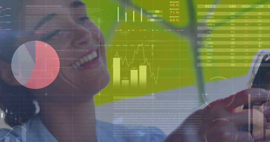 Woman Using Smartphone with Abstract Data Visualization Overlay