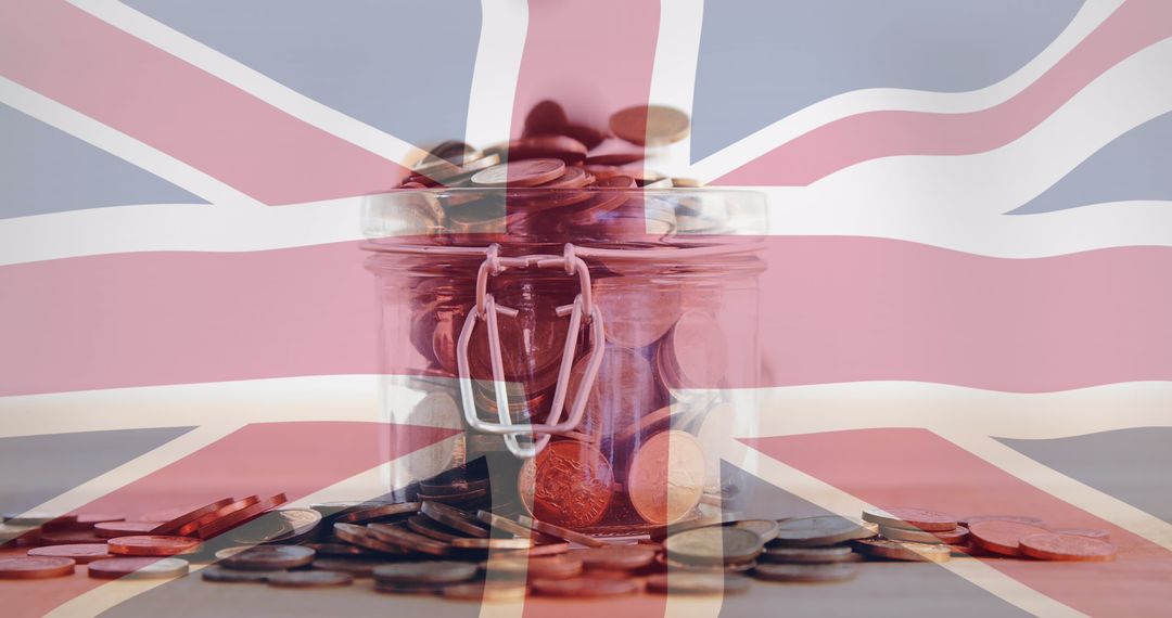 Coins in Glass Jar with Union Jack Background Highlighting UK Savings
