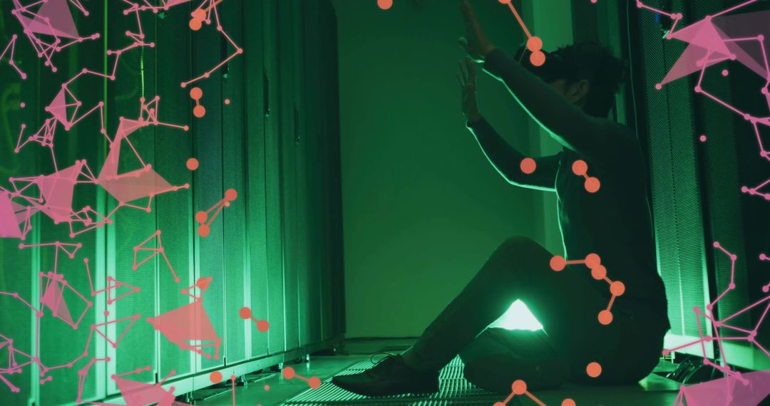 Technician Interacting with Server Racks in Futuristic Data Center