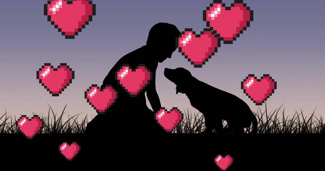 Man and Dog Silhouette with Pixel Hearts in Scenic View