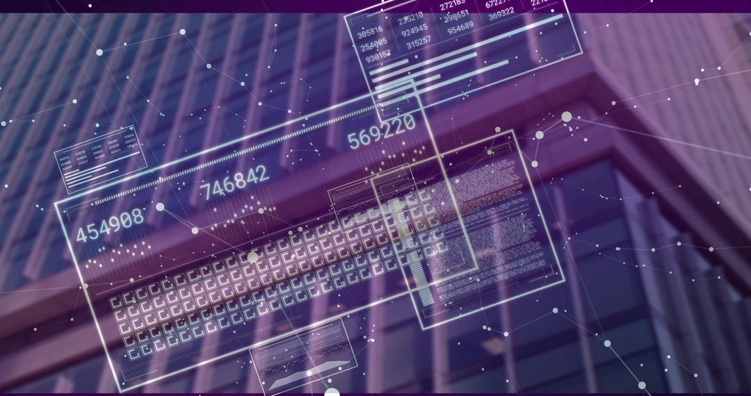 Projecting holographic HUD overlays on urban office facade with numeric readouts