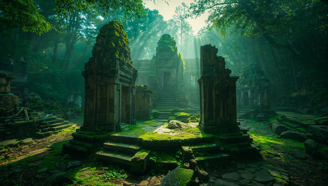 Mysterious Moss-Covered Temple Ruin in Misty Forest