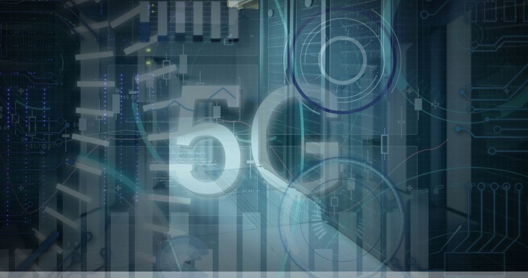 5G and Data Technology Overlaid on Server Room Background