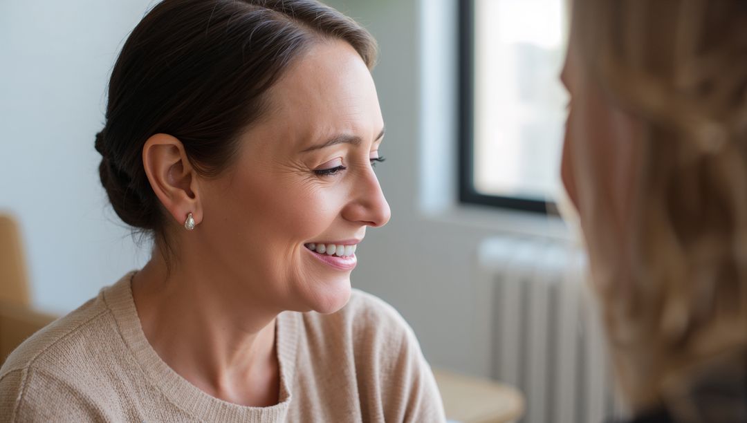 Smiling middle-aged woman enjoying warm conversation at home with natural window light