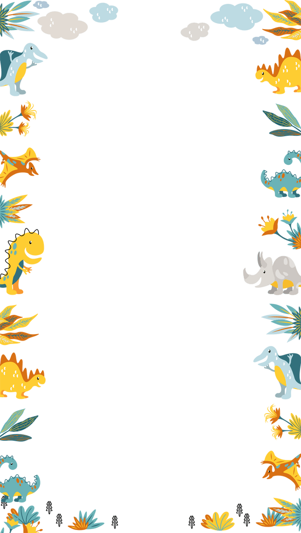 Cartoon Dinosaurs and Leaves Border With Transparent Background