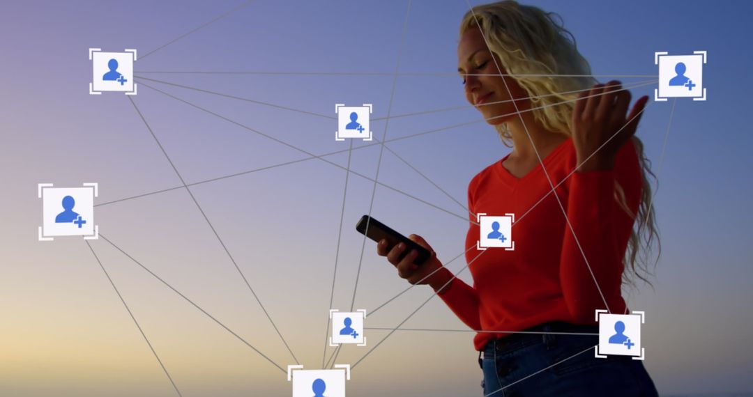 Woman Using Smartphone with Digital Network Graphic Overlay
