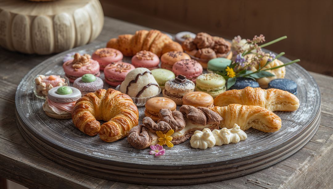 Rustic pastry board featuring colorful macarons and golden croissants with edible flowers