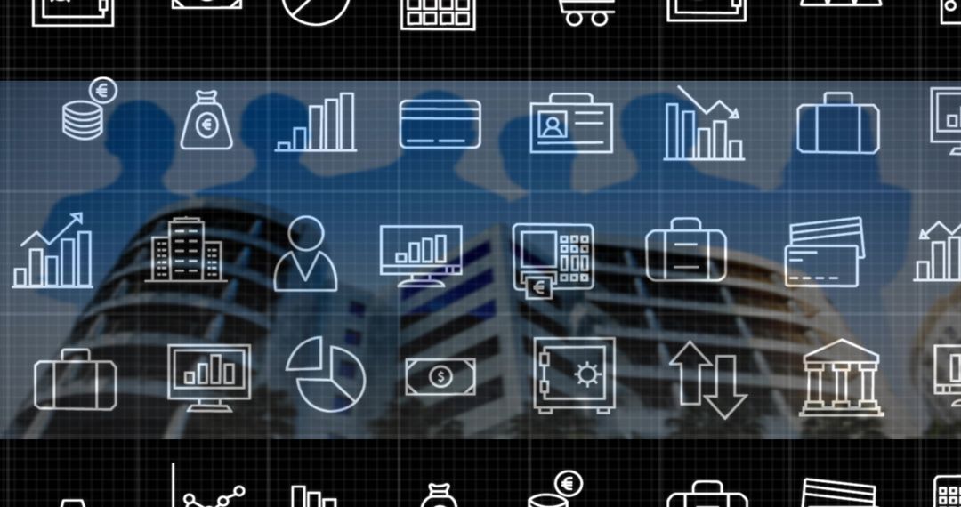Corporate finance concept showing blurred highrise facade with data icons and silhouettes