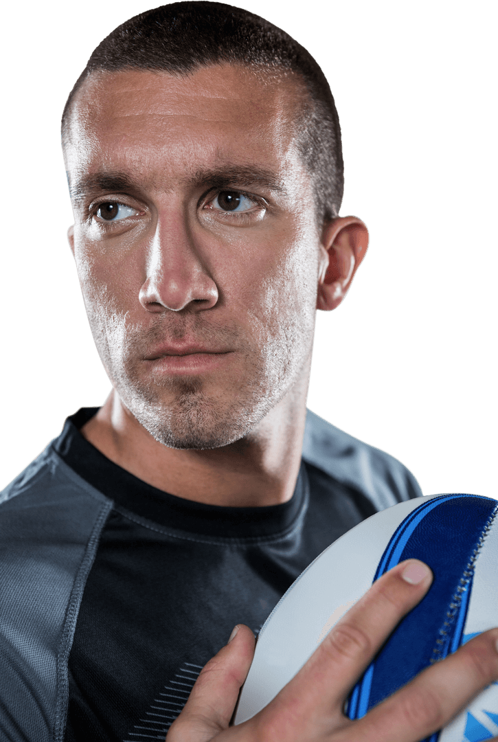 Transparent Close-Up of Determined Rugby Athlete with Ball