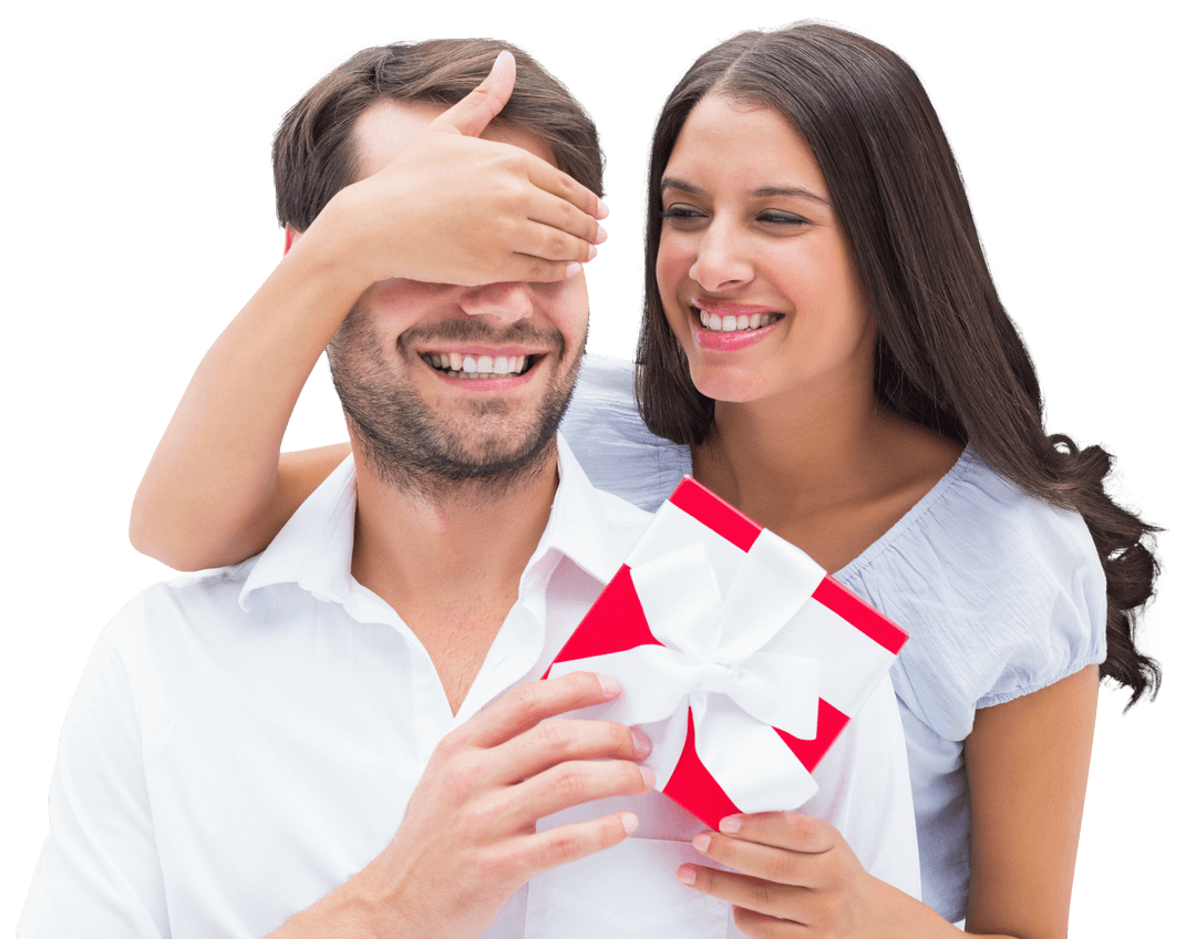 Loving Couple Surprising Gift Giving on Transparent Background
