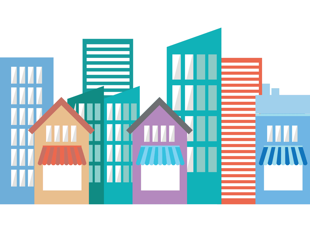 Transparent Urban Skyline Illustration with Diverse Building Styles