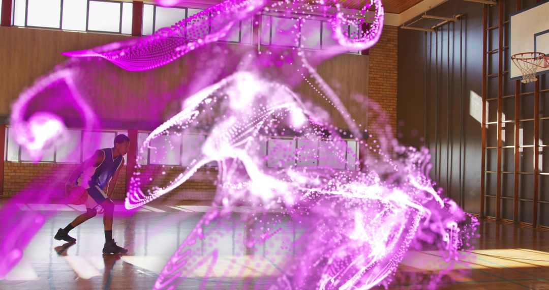 Basketball Game with Futuristic Digital Energy Trails