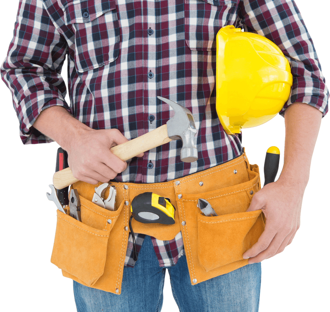 Transparent Construction Worker Holding Hammer and Hard Hat