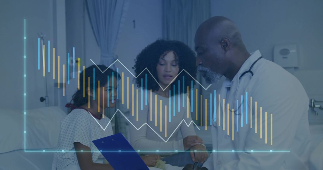 Doctor Consulting Family in Hospital with Data Overlay