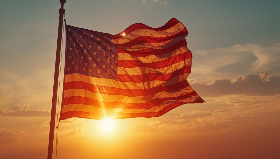 Waving American Flag Draped in Sunset Light Symbolizing Patriotism