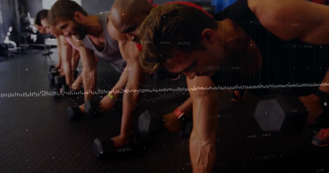 Group Challenge Plank Push-Ups on Dumbbells at Gym