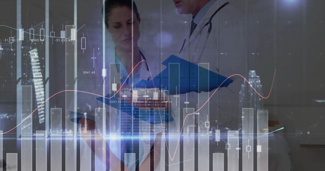 Doctors Reviewing Augmented Reality Health Data and Financial Analytics on Tablet