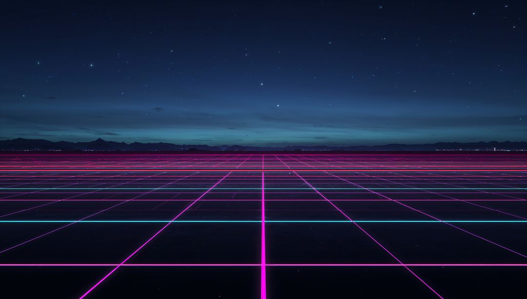 Retrofuturistic Neon Grid Horizon with Magenta Cyan Lines Converging at Vanishing Point