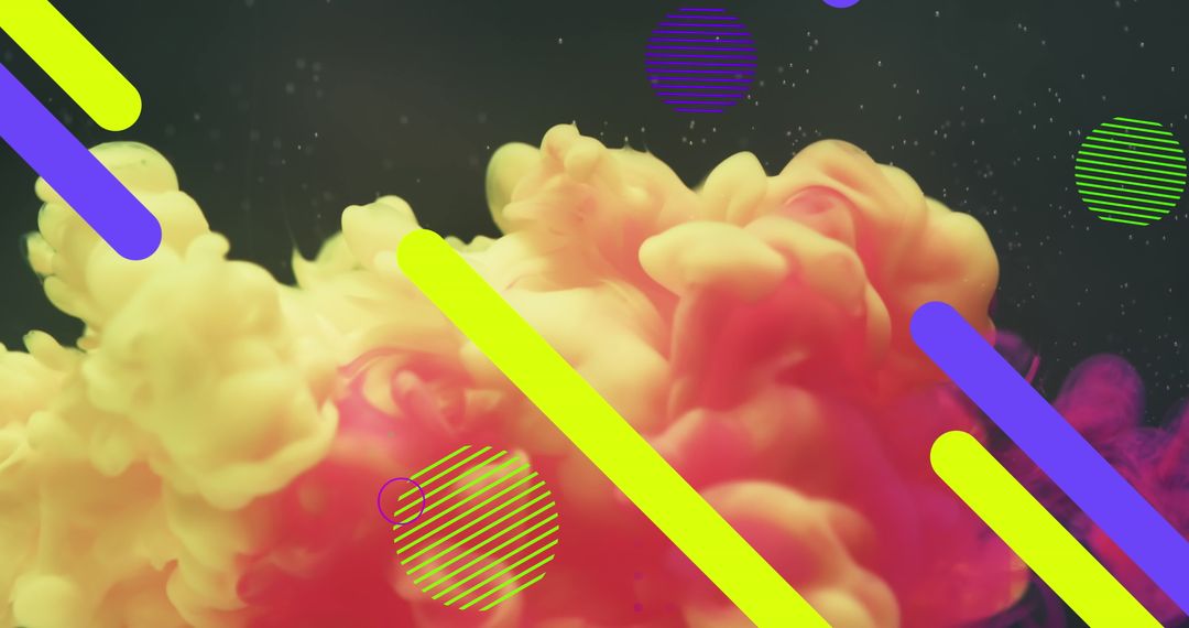 Colorful Abstract Design with Shapes and Clouds on Black Background